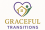 Logo for "Graceful Transitions" featuring a house within a heart, with a person symbol, in purple, gold, and green.