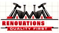Logo: red text "RENOVATIONS QUALITY FIRST", roof outline with hammers, chimneys, and red windows.