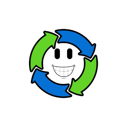 A smiley face is surrounded by green and blue arrows.