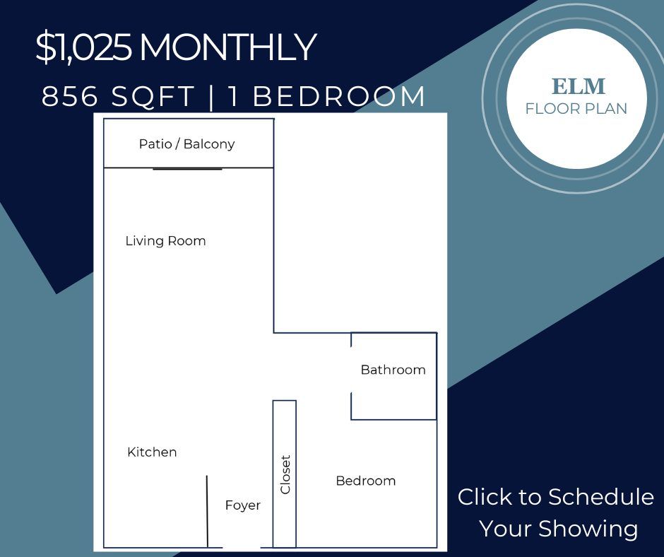 Floor plan for a 1-bedroom apartment, 856 sq ft, $1025 monthly. Shows rooms: kitchen, living room, bedroom, bathroom, patio.