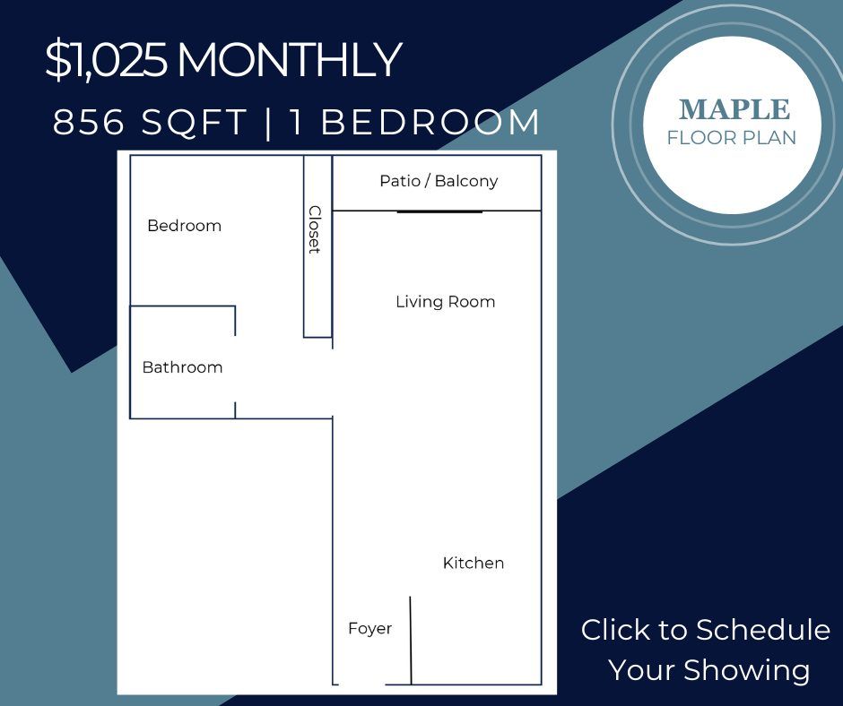 Floor plan of a 1-bedroom apartment with a monthly rent of $1,025. It is 856 sqft.