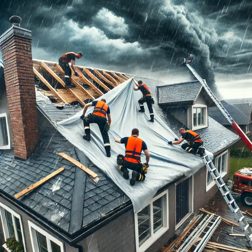 An emergency roofing repair team responding to storm damage on a residential home. The contractors are working quickly to cover exposed areas with protective sheeting while assessing the damage. The background shows a cloudy sky, indicating recent severe weather.