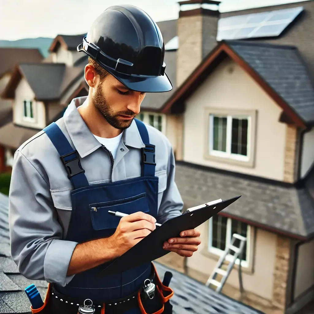 A professional roofing contractor inspecting a residential roof for damage. The contractor is wearing safety gear and using a clipboard to assess the condition of shingles and flashing. The background shows a suburban home with a well-maintained roof.