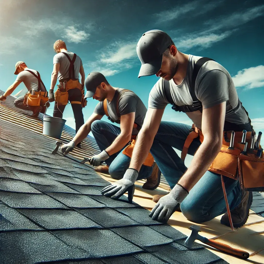 A roofing team installing new shingles on a residential roof. The workers are wearing protective gear and using professional tools to ensure precise installation. The background features a bright blue sky and a partially completed roof.