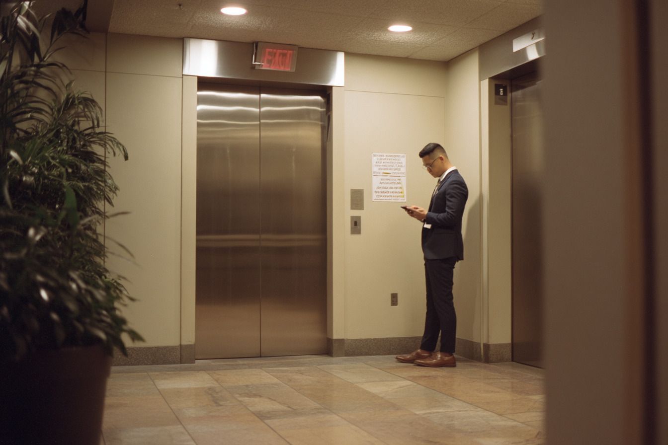 Facility manager reviewing posted ASME A17.1 elevator safety notice inside lobby.