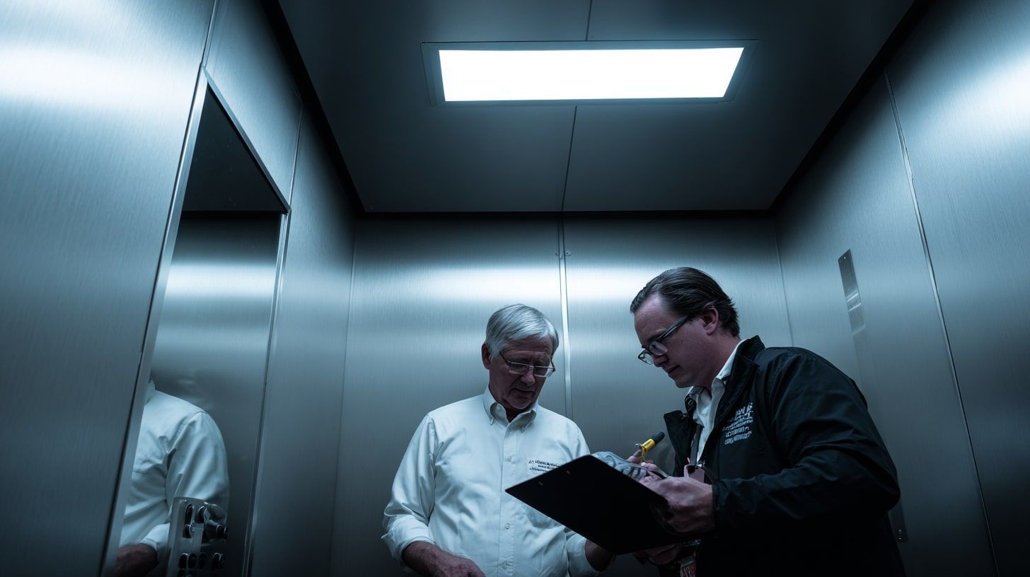 Inspectors review air quality data inside a metal elevator cab