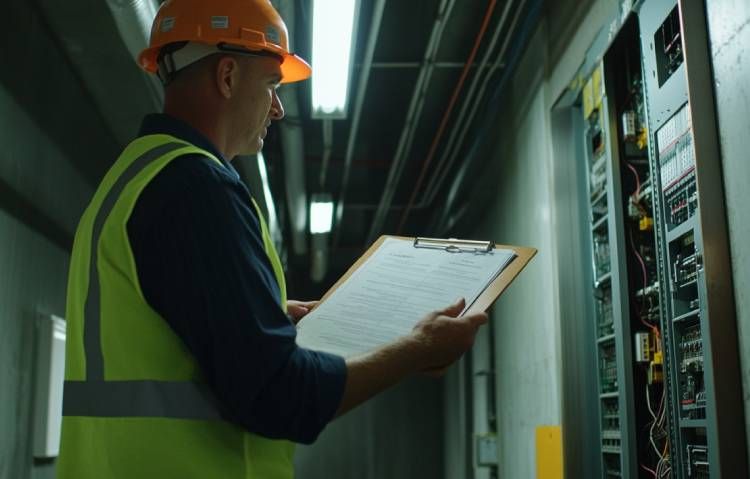 certified elevator inspector reviewing a safety checklist