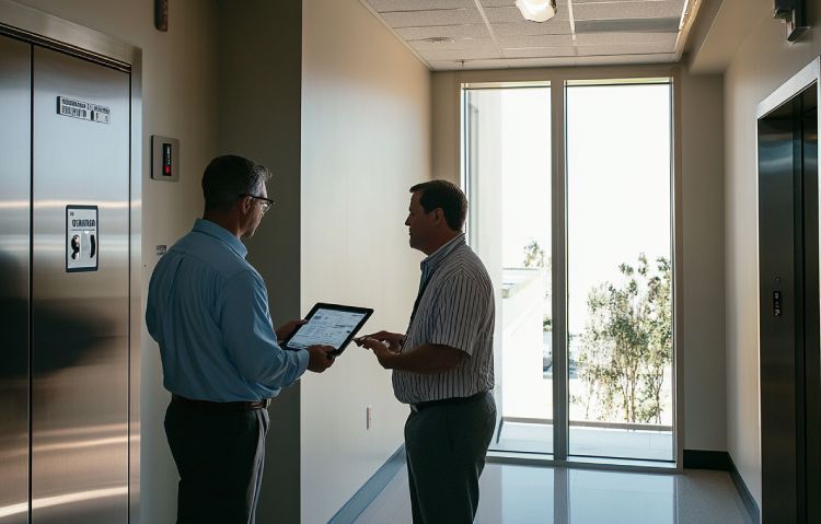 consultant reviewing modernization specs with building manager