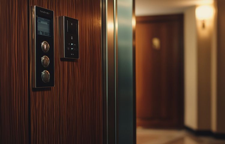 elevator cab with warm wood veneer panels