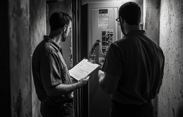 elevator consultant and technician inside elevator shaft