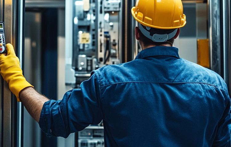 elevator technician inspecting control panel