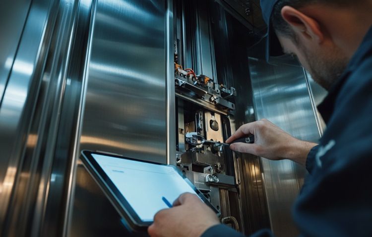 elevator technician repairing elevator door mechanism