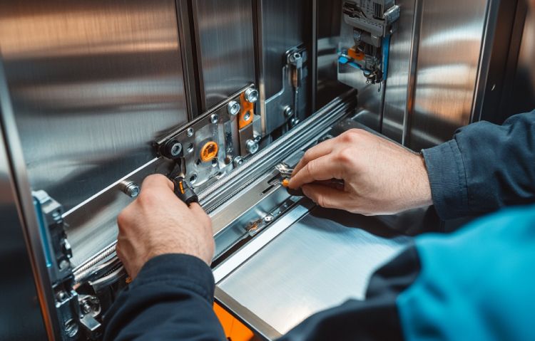 elevator technician repairing the elevator door mechanism