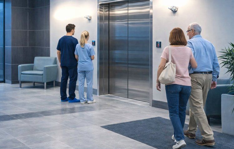 hospital hallway with elevator and visitors