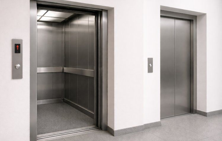 sleek modern stainless steel elevators in building hallway