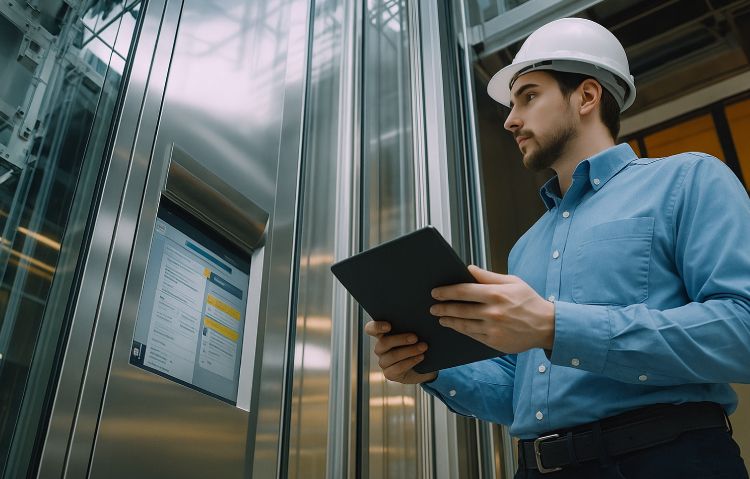 technician reviews elevator contract for safety compliance