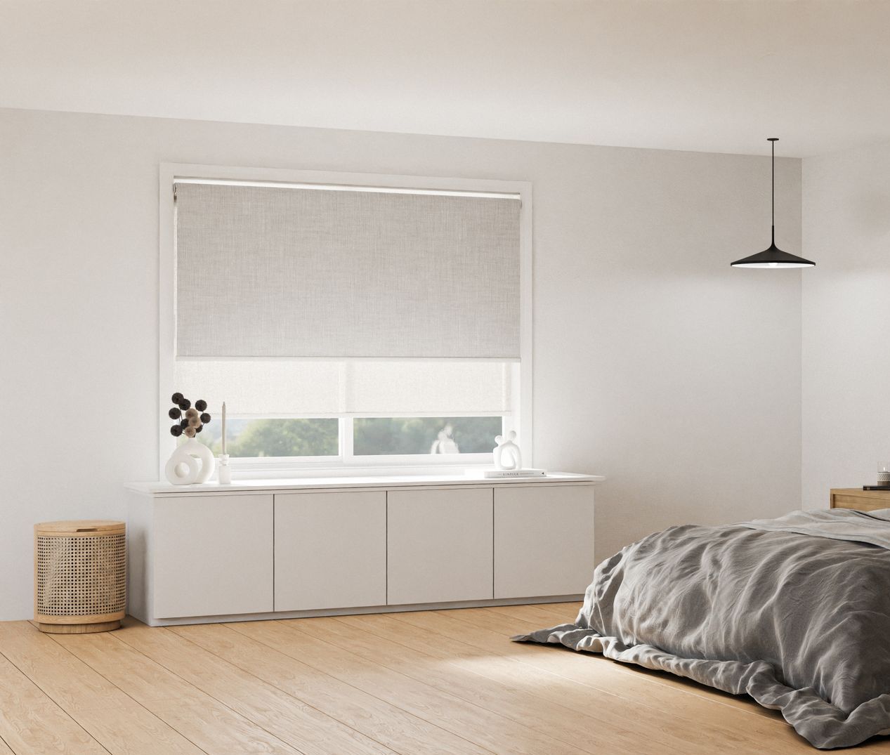  Cream Roller Blinds in a bedroom with a draw — Tully Blinds in Tully, QLD