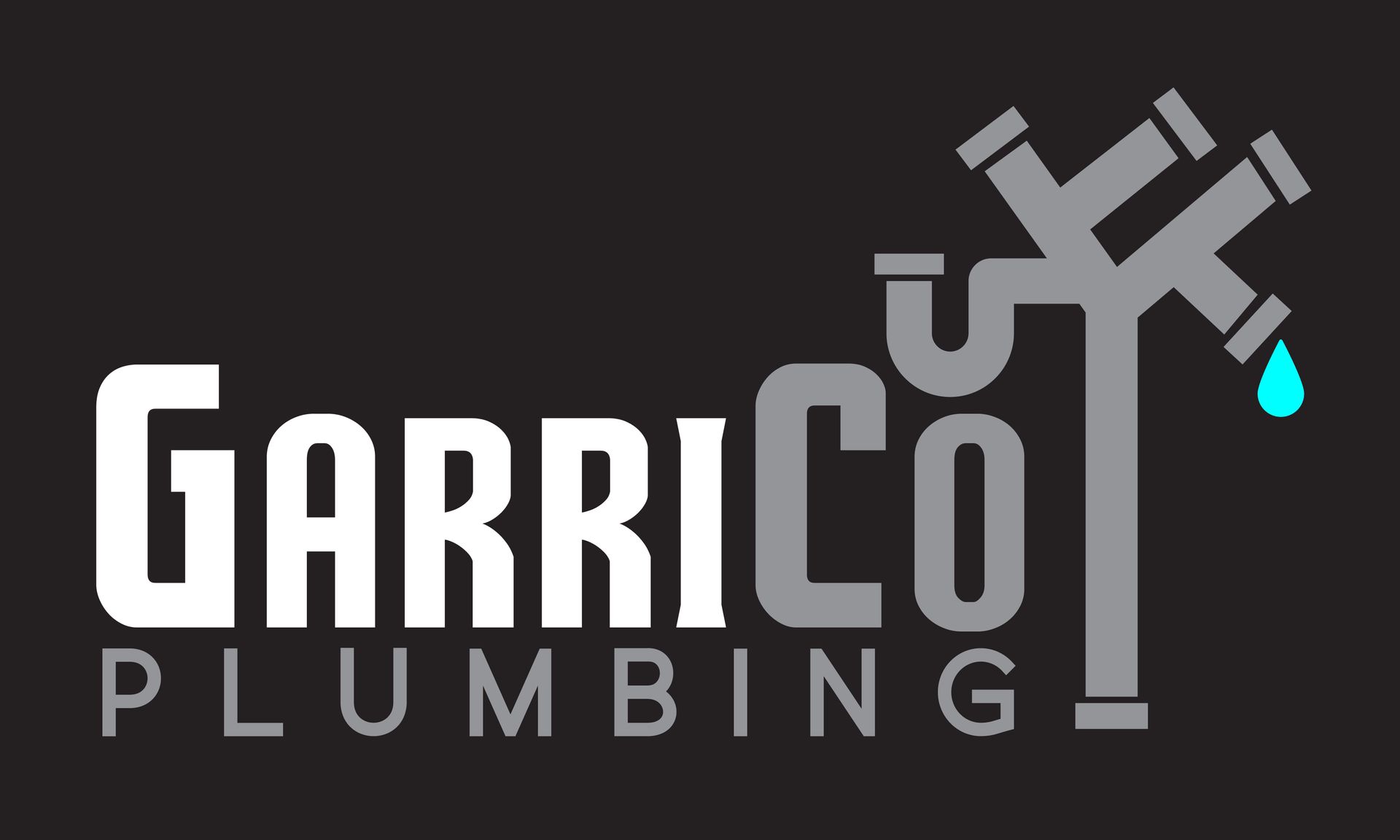 Logo for GarriCo Plumbing featuring white and gray text with a graphic of gray pipes and a single light blue water drop.