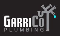 Logo for GarriCo Plumbing featuring white and gray text with a graphic of gray pipes and a single light blue water drop.
