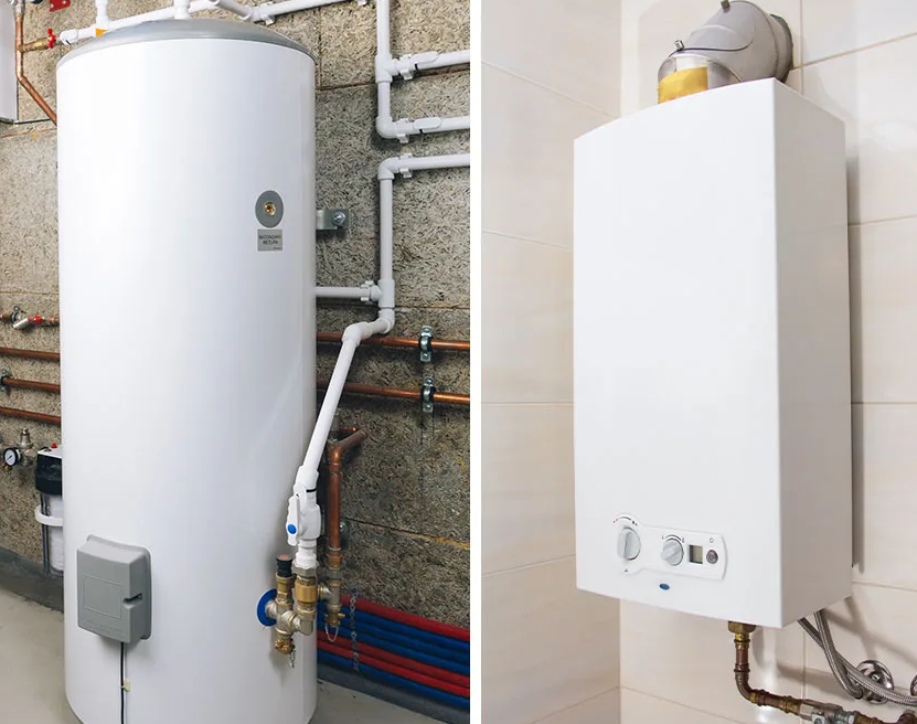 Two white heating units: a large cylindrical hot water tank on the left and a wall-mounted gas boiler on the right.
