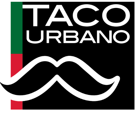 Taco Urbano logo with white text on a black square, a white mustache, and a green/red stripe.