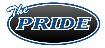 The Pride logo: Blue and white text on black oval with blue outline. 
