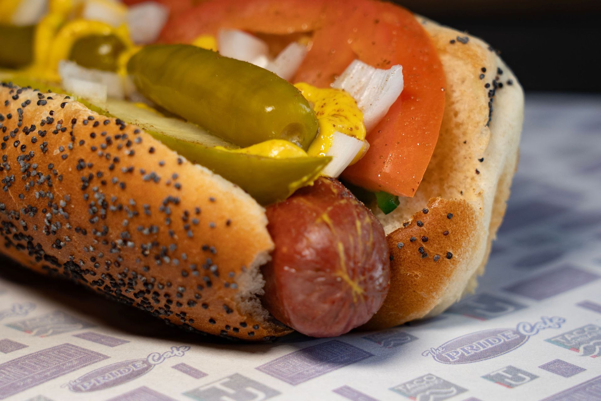 Close-up of a Chicago-style hot dog in a poppy seed bun, with toppings including pickle, tomato, and onion.