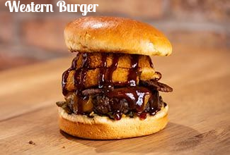 Western Burger with onion rings, and barbecue sauce.