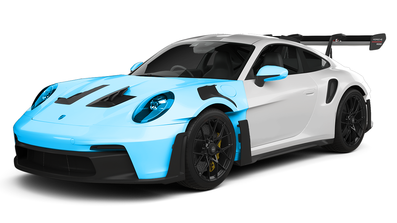 A yellow and white sports car on a black background.