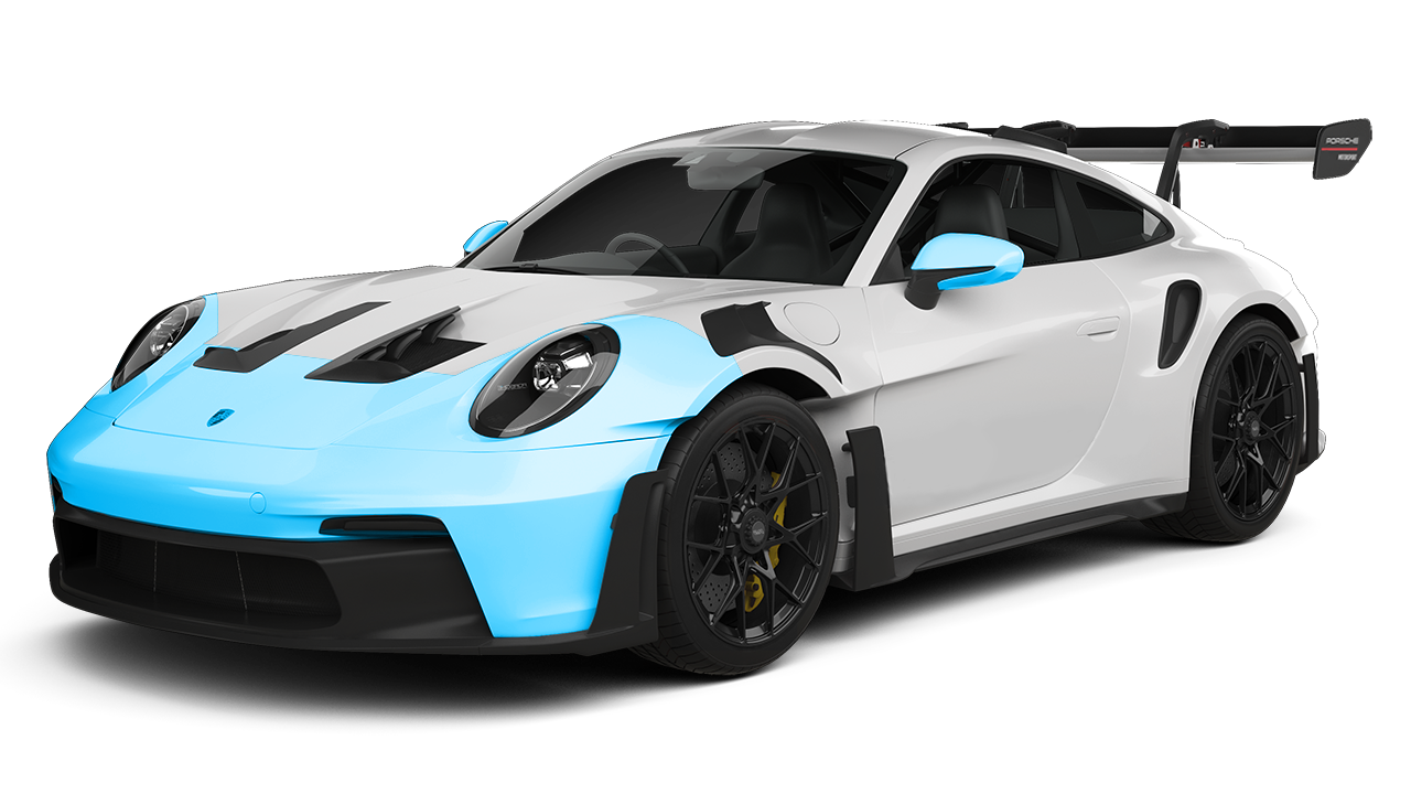 A white and yellow sports car on a black background.