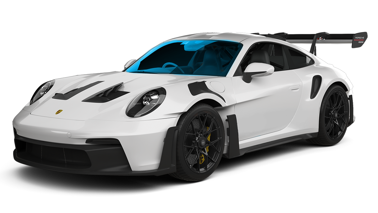 A yellow and white sports car on a black background.
