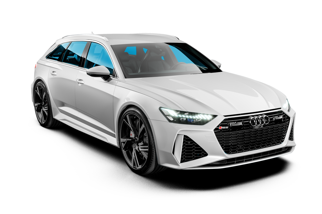 White Audi RS6 Avant wagon, angled view. Black wheels, tinted windows, black grille, and headlights.