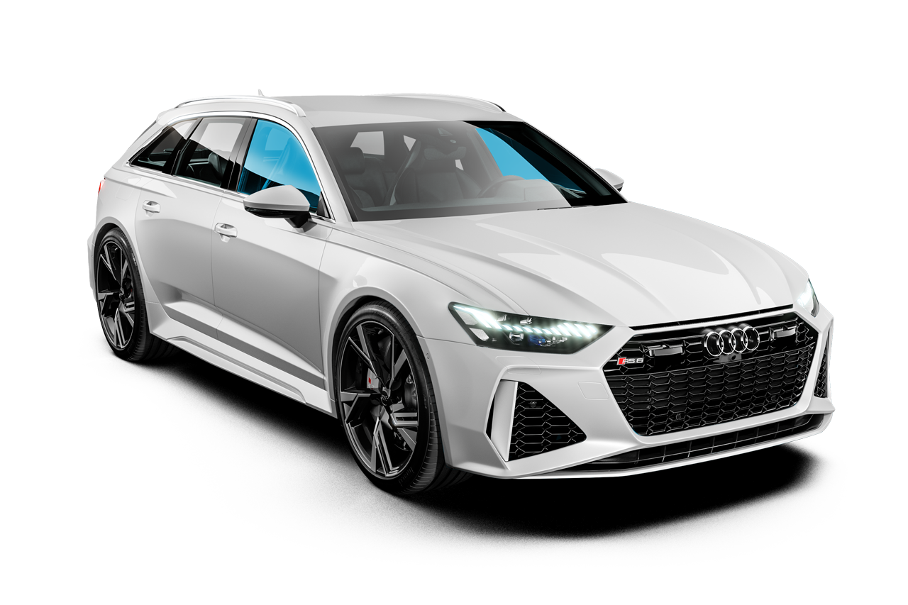 White Audi RS6 Avant station wagon, angled view, with black wheels.