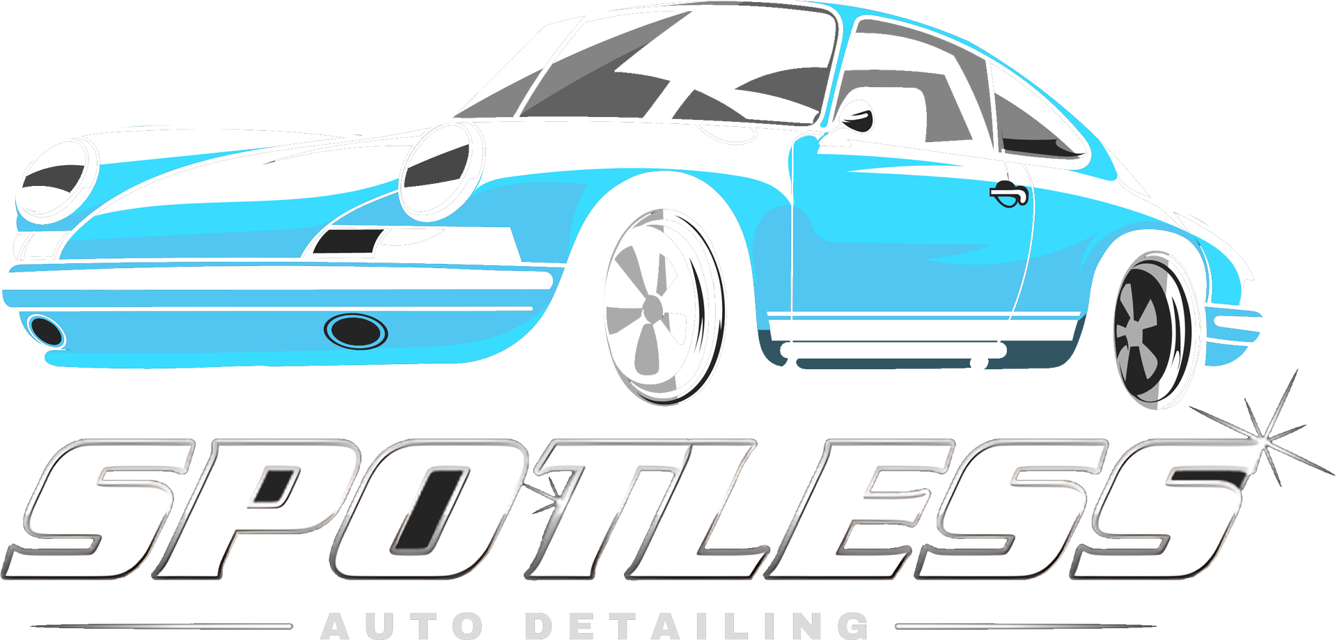 Logo for Spotless Auto Detailing featuring a light blue sports car above the business name in a stylized font.