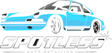 Logo for Spotless Auto Detailing featuring a light blue sports car above the business name in a stylized font.