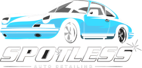 Logo for Spotless Auto Detailing featuring a light blue sports car above the business name in a stylized font.