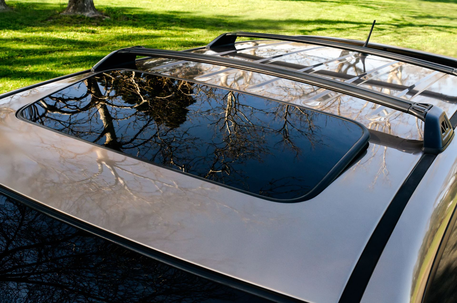 Overhead view of a car roof with a sunroof reflecting a tree's branches against a blue sky. Black roof rails are visible.