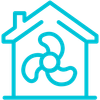 A blue icon of a house with a fan inside of it.
