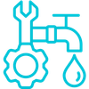 A blue icon of a faucet , gears , and a drop of water.