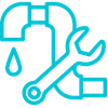 A blue icon of a faucet with a wrench and a drop of water.