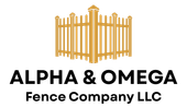 Logo for Alpha & Omega Fence Company, LLC featuring a tan picket fence icon above the company name in dark brown text.