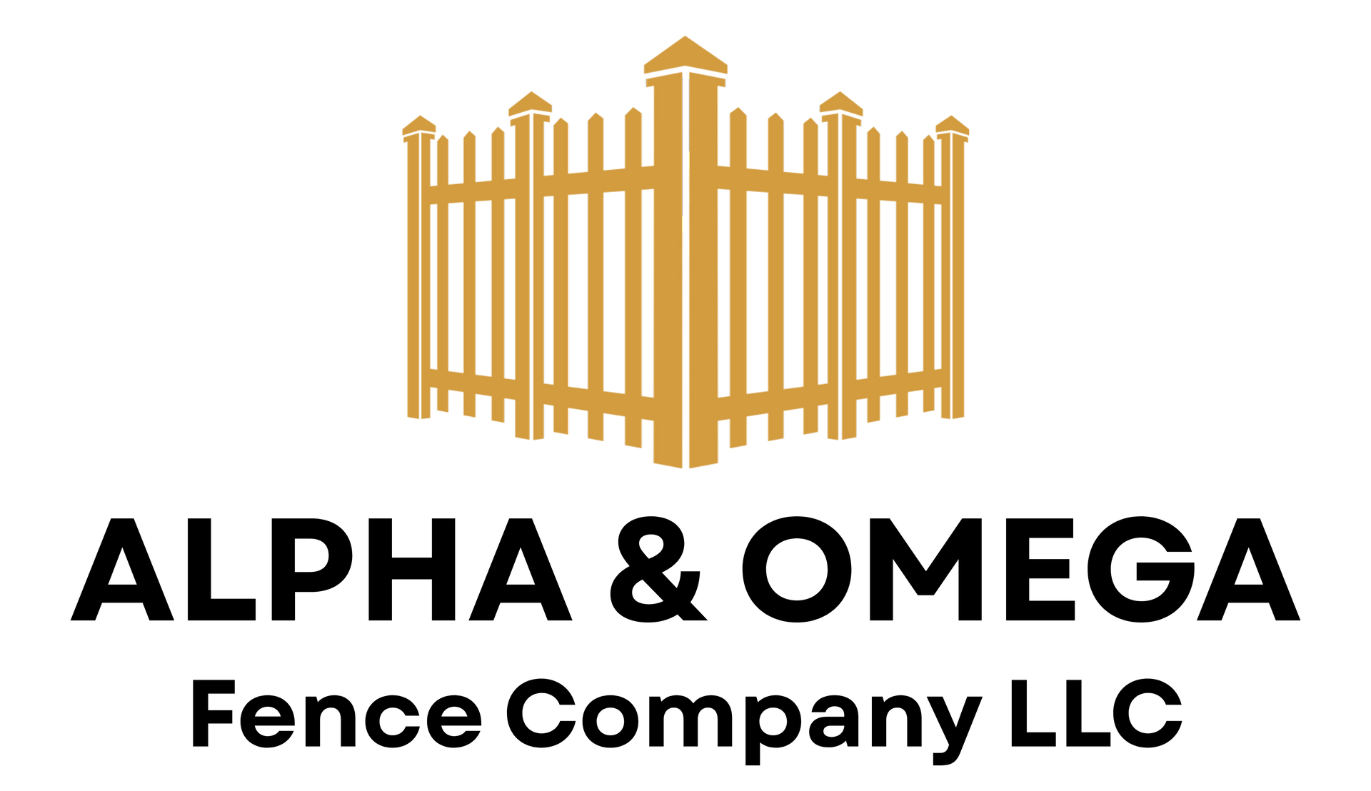 Logo for Alpha & Omega Fence Company, LLC featuring a tan picket fence icon above the company name in dark brown text.