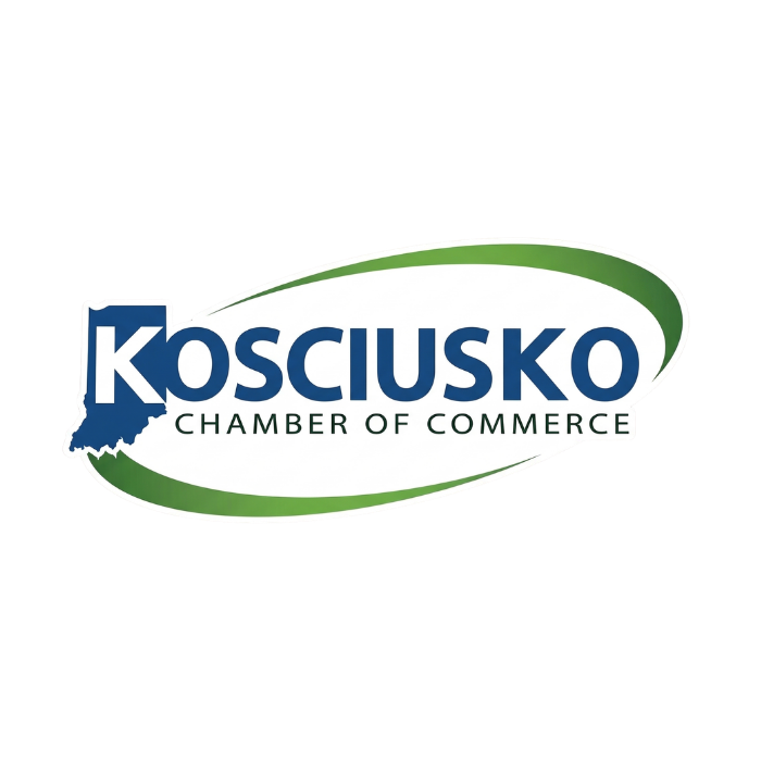The Kosciusko Chamber of Commerce logo featuring a dark blue Indiana state outline and green swooping arcs.