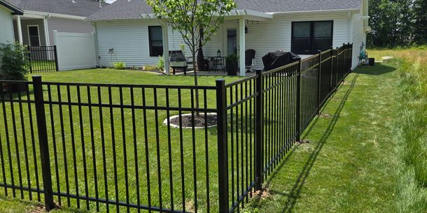 A black metal fence encloses a green grassy backyard with a tree and a white house with a patio in the background.