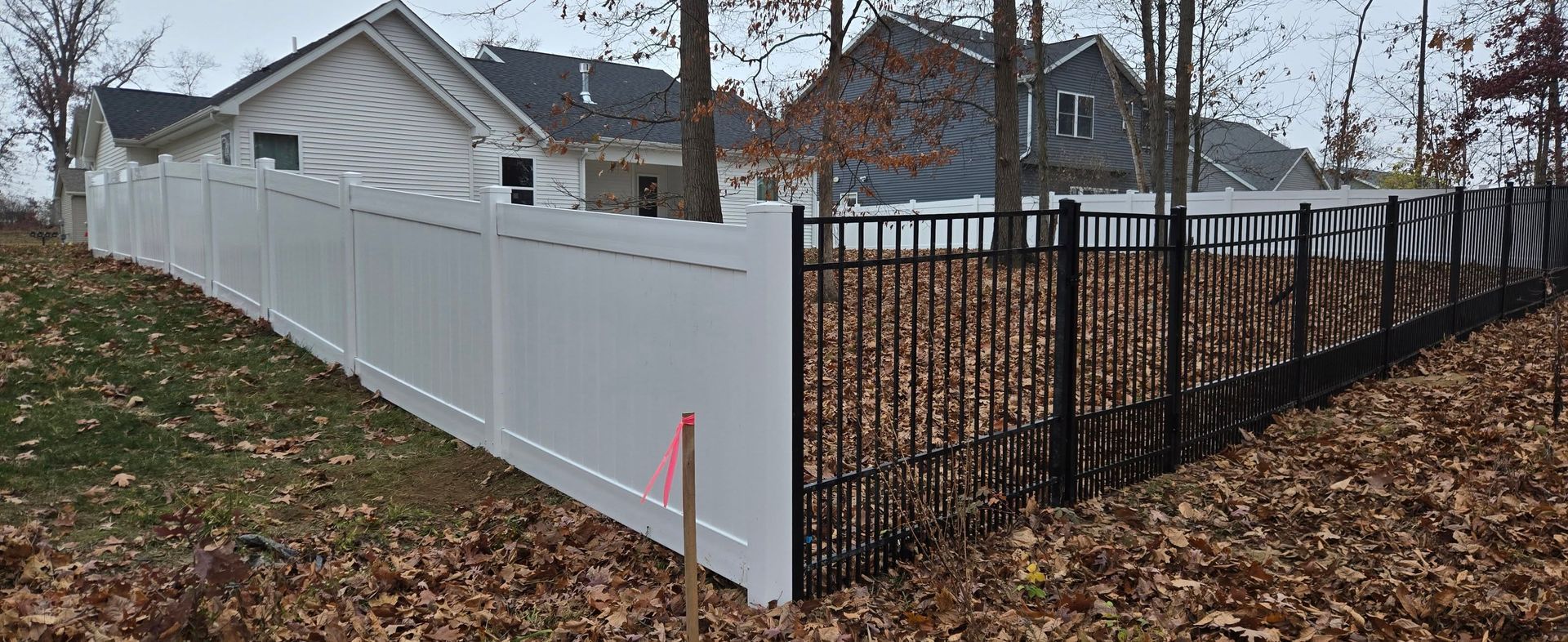 A white vinyl privacy fence transitions to a black metal picket fence in a residential backyard covered in autumn leaves.