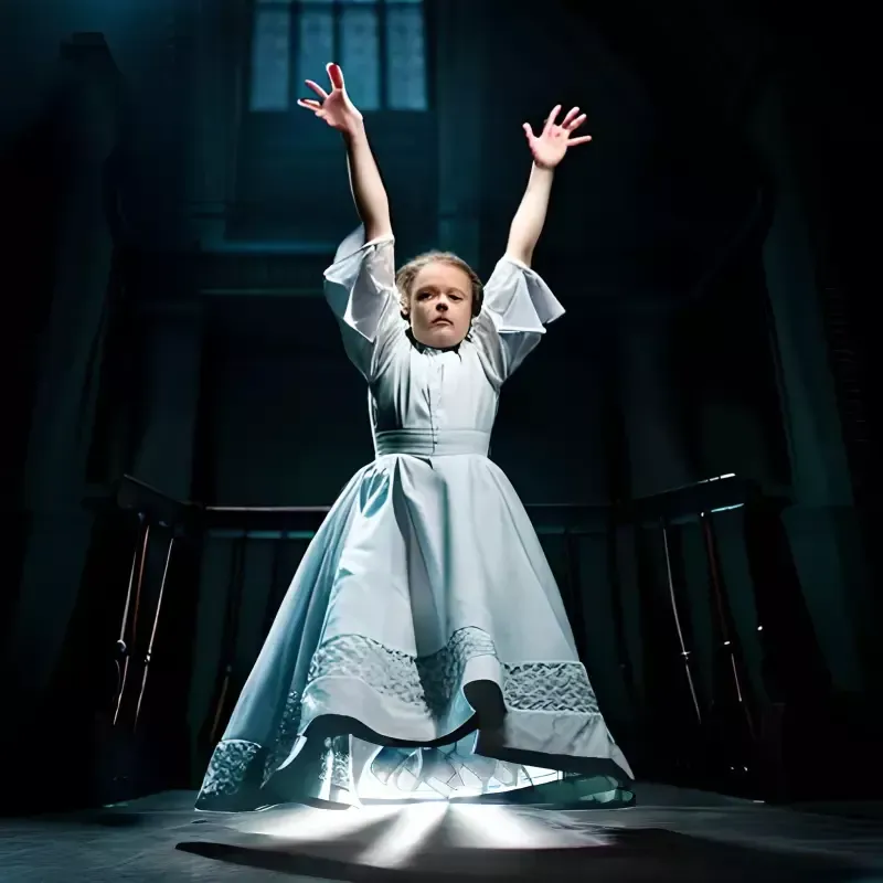 A little girl in a white dress is standing on a stage with her hands in the air.