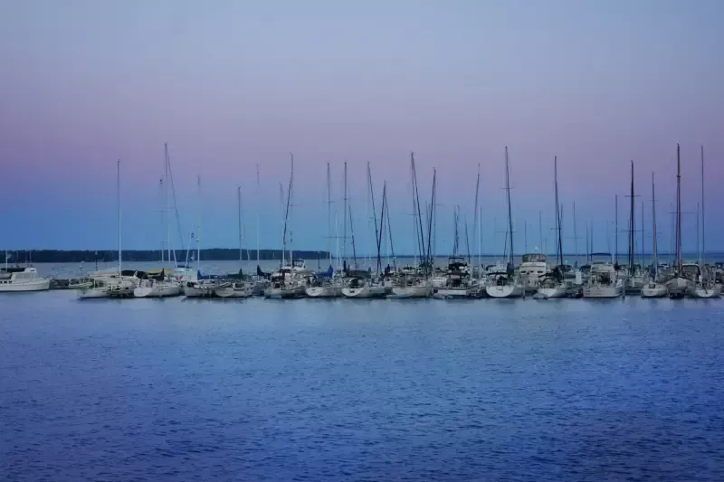 A row of sailboats are docked in a harbor at sunset.