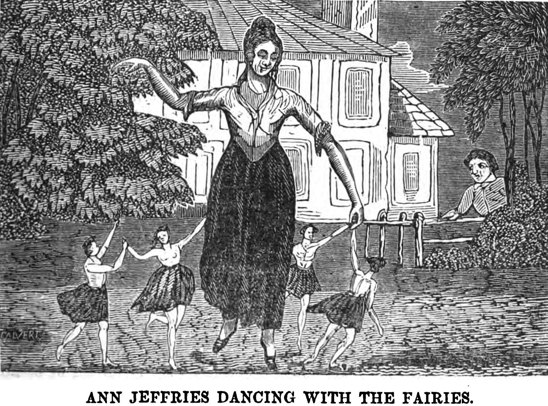 A black and white drawing of a woman dancing with fairies.