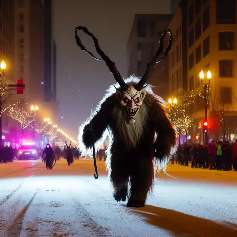 A monster with horns is walking down a street at night