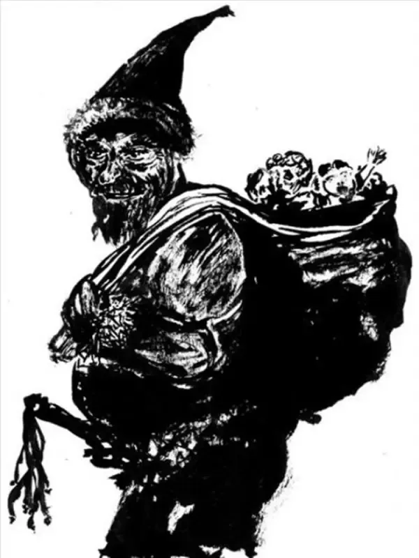 A black and white drawing of a gnome with a bag on his back.